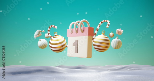 Image of calendar with 1 number date and christmas decorations