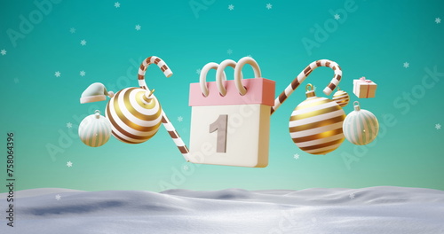 Image of calendar with 1 number date and christmas decorations