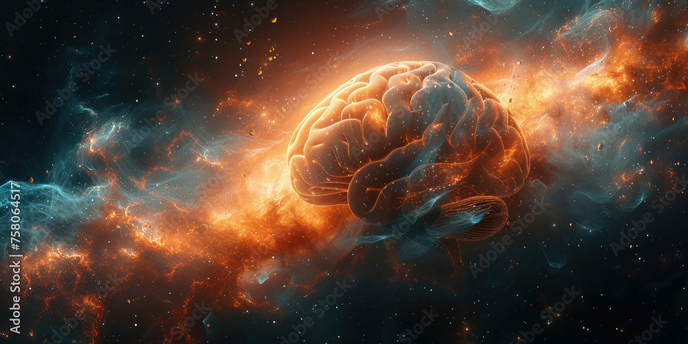 Mystical Brain engulfed in Orange and Blue Flames with Stars in the Background - obrazy, fototapety, plakaty 
