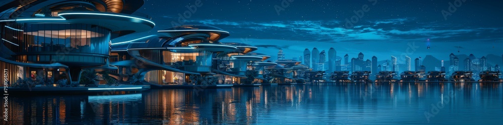 Floating city at dusk bioluminescent lights casting shadows on neo noir architecture