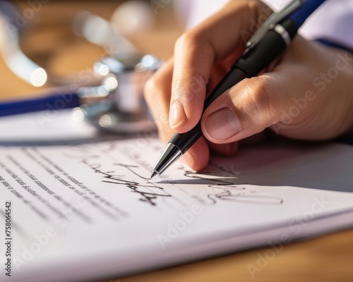 Hand signing a medical document close up emphasizing the signature and the stethoscope in the background symbolizing healthcare decisions