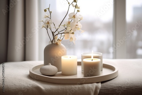 Cozy home interior with lit candles and a vase with white orchids on a tray, creating a peaceful ambiance.