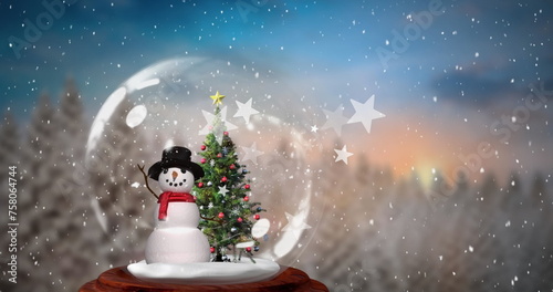 Image of snow and stars over snow globe with christmas tree and snowman