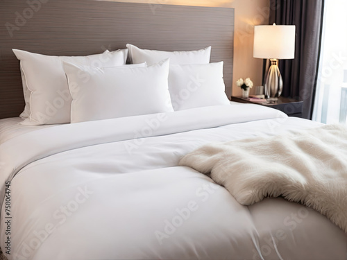 Photograph of a pristine hotel room, meticulously arranged with crisp linens, plush pillows, and elegant furnishings, exuding a sense of luxury and tranquility, inviting guests to experience comfort 