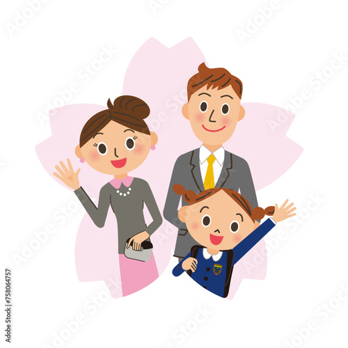 桜のシルエットと入学する女の子と親