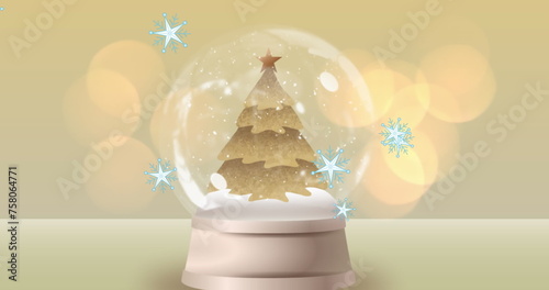 Image of snowflakes and stars over snow globe with christmas tree