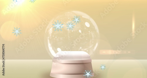 Image of snowflakes and stars over snow globe with christmas tree