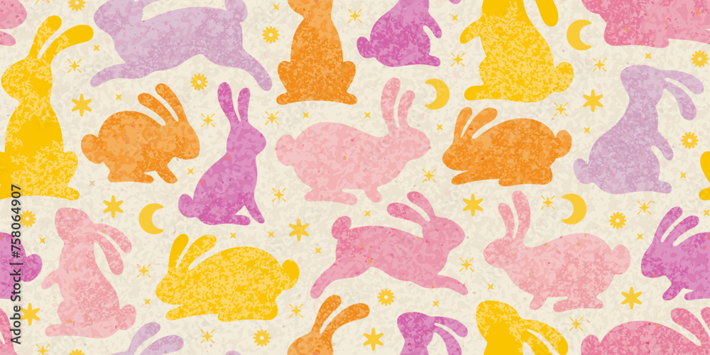 Rabbit spring pattern. Star, moon, flower on craft rice paper background. Easter, Chinese New Year, Korean Mid Autumn seamless pattern. Cute pink yellow bunny silhouette. Vintage Easter rabbit design - obrazy, fototapety, plakaty 