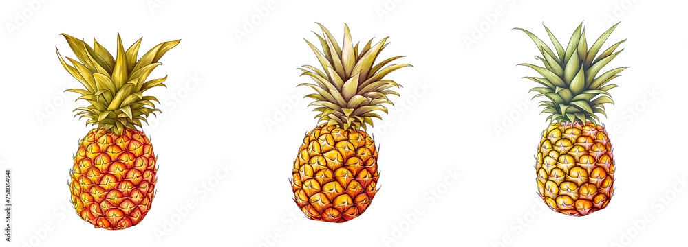 A row of three ripe pineapples with vibrant green tops, displayed against a white background. Set of pineapples A row of three ripe pineapples with vibrant green tops, displayed against a white background. Set of pineapples