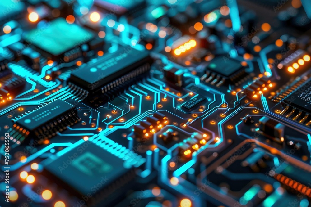 A close-up of a circuit board with glowing blue and green LED lights, emphasizing the intricate pathways and electronic components A close-up of a circuit board with glowing blue and green LED lights, emphasizing the intricate pathways and electronic components