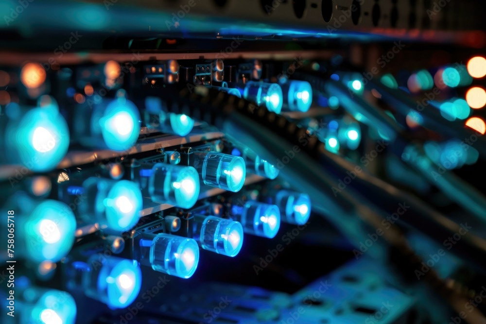 A detailed view of a server rack's LED lights and cables, signifying network infrastructure