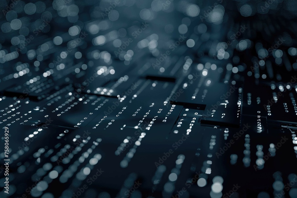 Abstract binary code cascade on a sleek, dark surface Abstract binary code cascade on a sleek, dark surface