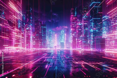 Multidimensional digital grid landscape in neon colors