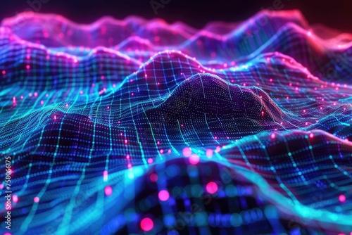 Multidimensional digital grid landscape in neon colors