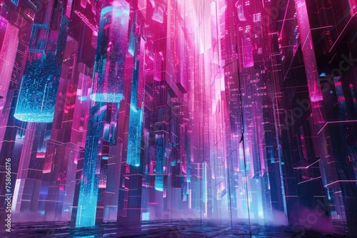 Multidimensional digital grid landscape in neon colors photo