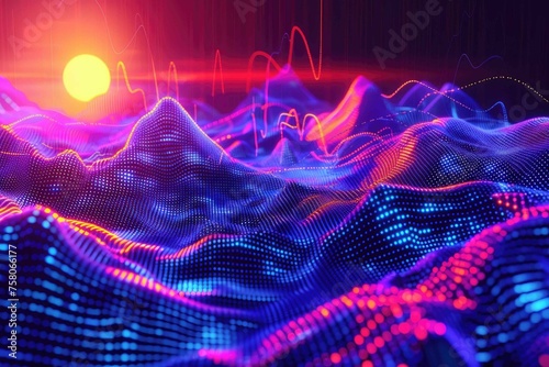 Multidimensional digital grid landscape in neon colors