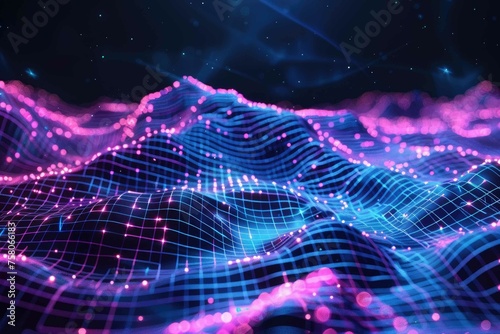 Multidimensional digital grid landscape in neon colors