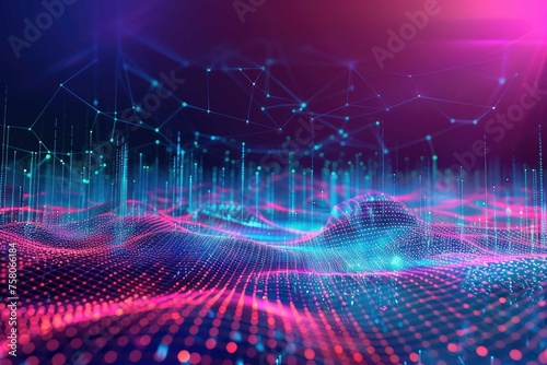 Multidimensional digital grid landscape in neon colors