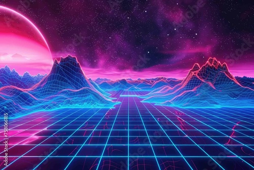 Multidimensional digital grid landscape in neon colors