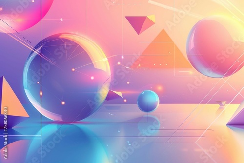 Smooth gradient with floating, digital geometric shapes