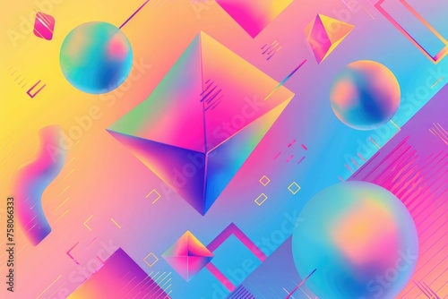 Smooth gradient with floating, digital geometric shapes
