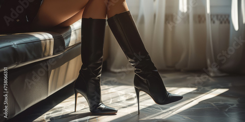 Chic High Heeled Boots, copy space. Female legs in long sleek thigh-high boots, high fashion footwear. photo