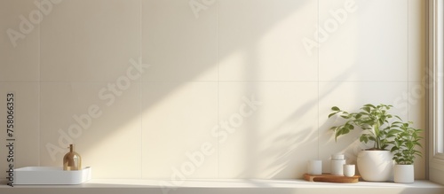 Cream tile wall with white grout design, viewpoint photo