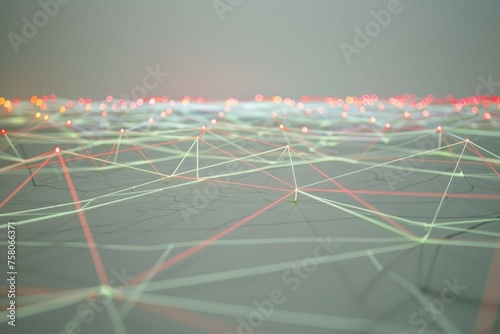 Softly glowing, neon-hued network mesh on a subtle gray canvas