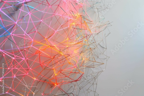 Softly glowing, neon-hued network mesh on a subtle gray canvas