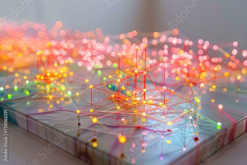 Softly glowing, neon-hued network mesh on a subtle gray canvas