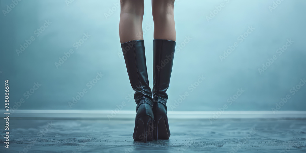 Chic High Heeled Boots, copy space. Female legs in long black sleek thigh-high boots, high fashion footwear. - obrazy, fototapety, plakaty 