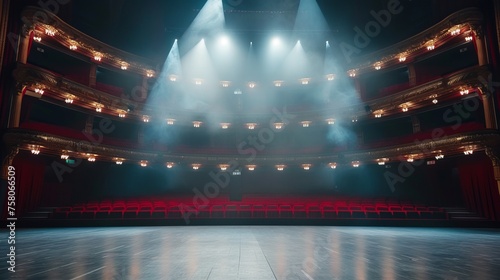 Empty theater stage with curtains beautifully illuminated with copyspace © Sunny