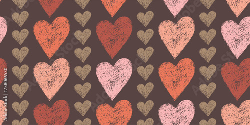 Striped Romantic Seamless Pattern of Hand-Drawn Pink, Burgundy, Coral, Peach Hearts. Style of Children's Drawing.