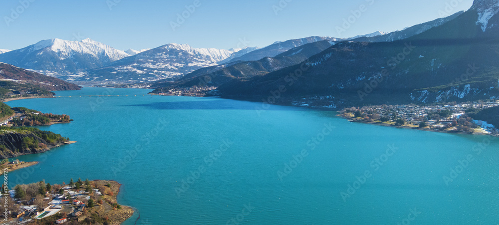 View of Serre-Poncon mountain lake in winter in Hautes Alpes, France