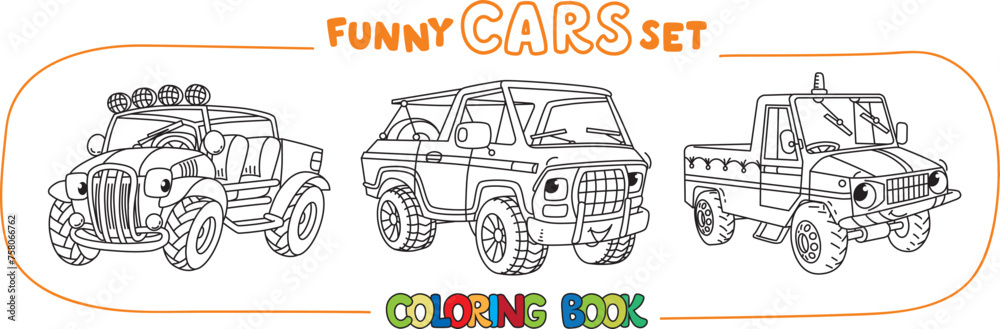 Retro pickup trucks. Cars coloring book set