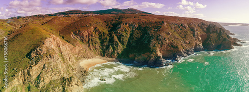 Panoramic view of Cabo da Roca. Rocky seascape. Assentiz Beach. Region of Cape Roca, Atlantic Ocean, Portugal. Horizontal banner photo