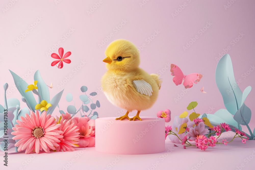 Cute easter chicken with flowers on the pink background, 3d rendering illustration Cute easter chicken with flowers on the pink background, 3d rendering illustration