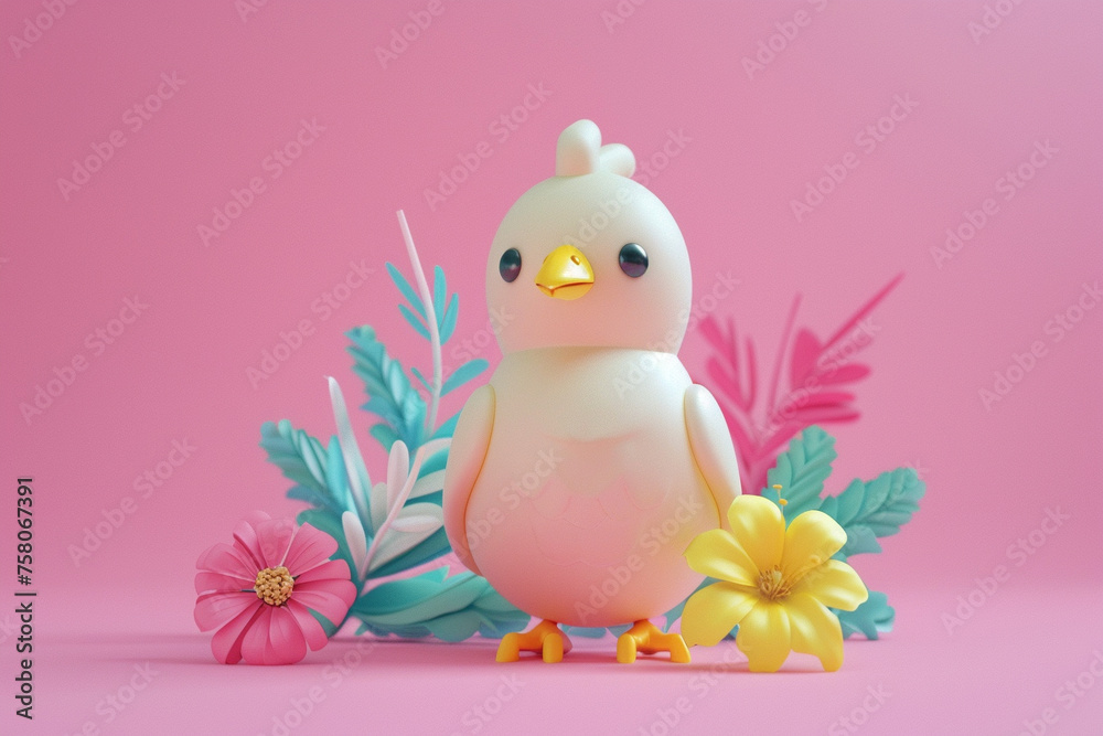 Cute easter chicken with flowers on the pink background, 3d rendering illustration