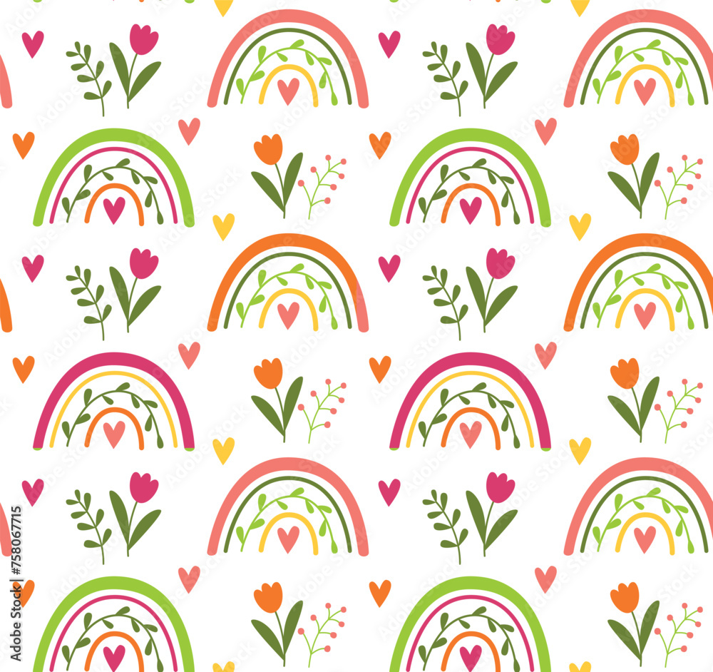 Seamless pattern with rainbows, flowers, leaves and hearts. Vector background in flat style. Seamless pattern with rainbows, flowers, leaves and hearts. Vector background in flat style.
