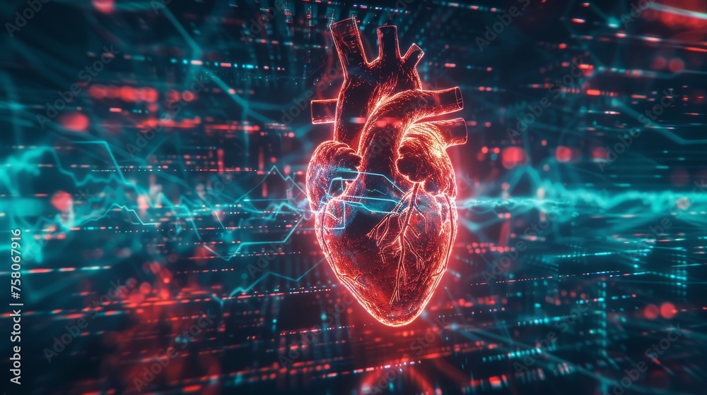 Digital heart beating encapsulated by a neon grid. A heart in a neon blue and red background Digital heart beating encapsulated by a neon grid. A heart in a neon blue and red background
