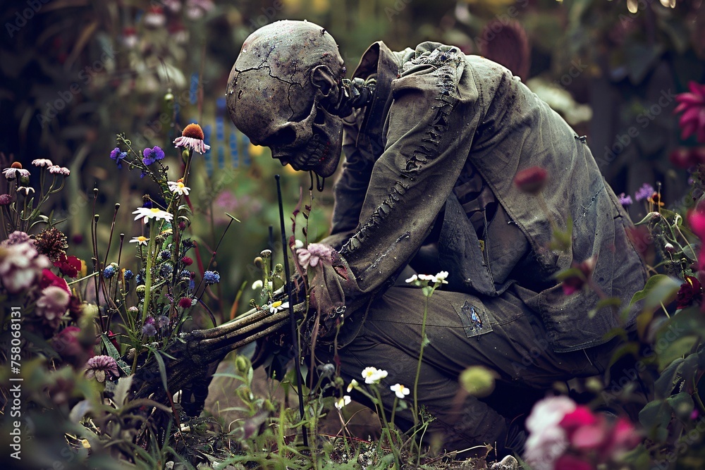Zombie kneeling in a garden, gently touching flowers, a contrast of decay among growth.