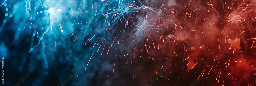 red and blue 4th of july fireworks display, festive background - obrazy, fototapety, plakaty 
