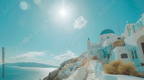 Santorini island splendor: sunlit churches and blue domes overlooking aegean sea, ideal greek holiday destination backdrop. AI