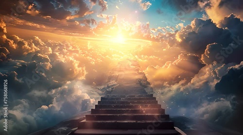 Stairway to Heaven.Stairs in sky. Concept with sun and white clouds.Concept Religion background photo