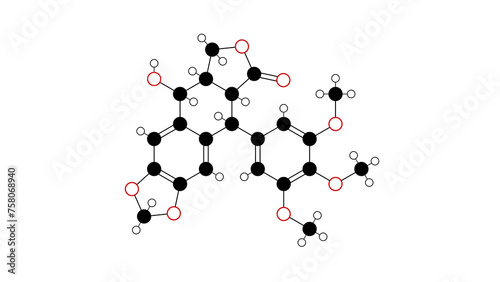 podofilox molecule, structural chemical formula, ball-and-stick model, isolated image podophyllotoxin