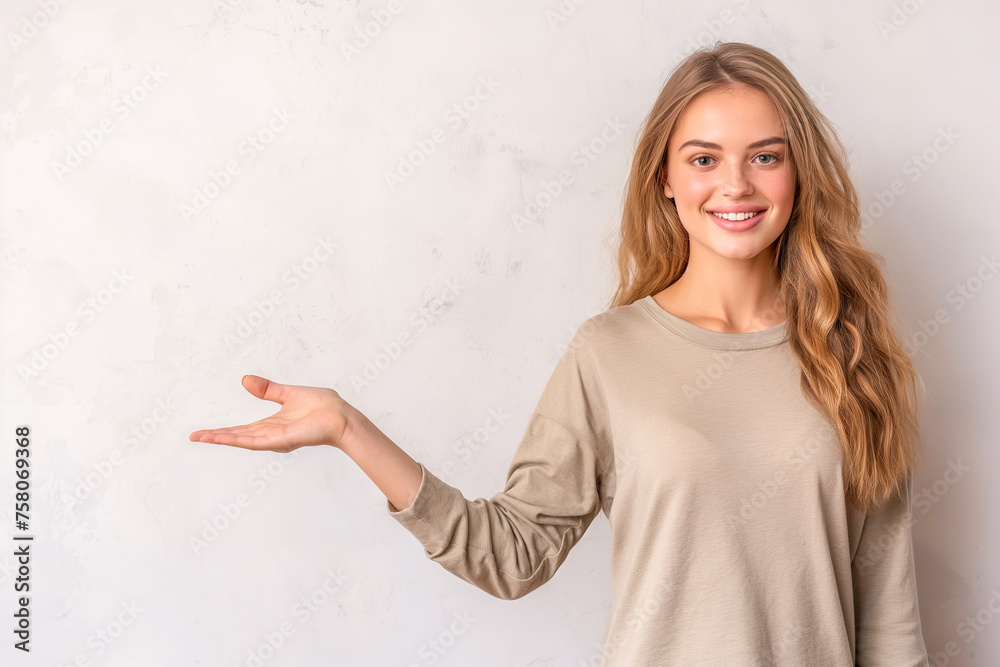 Welcoming Young Woman Presenting with Hand Gesture Against Textured Backdrop for Advertisements Welcoming Young Woman Presenting with Hand Gesture Against Textured Backdrop for Advertisements