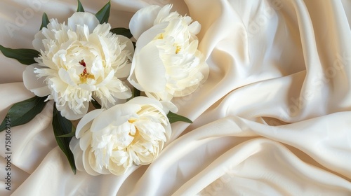 Elegant White Peonies with Blank Card on Satin Fabric