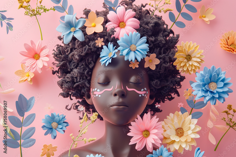 Girl with flowers and botanical elements, 3d rendering illustration on the light pink background