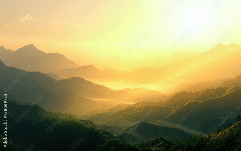 A breathtaking view of a mountain range, its silhouettes visible through the colorful morning fog, creating a serene and mystical atmosphere