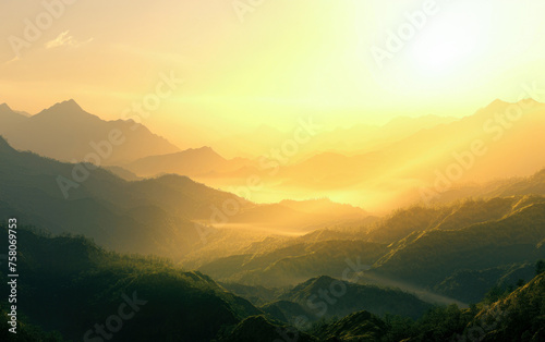 A breathtaking view of a mountain range  its silhouettes visible through the colorful morning fog  creating a serene and mystical atmosphere